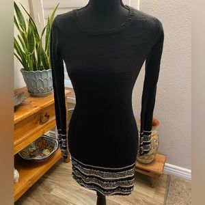 I.N. SAN FRANCISCO Black mini fitted sweater dress long sleeves white trim